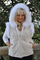 Snuggle Warm Hooded Sheared Beaver Fur Vest With White Fox Trim - Size 10